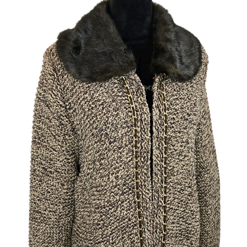 Dana Buchman Brown Chunky Knit Faux Fur Detach Collar Cardigan Gold XL NWT Lagen